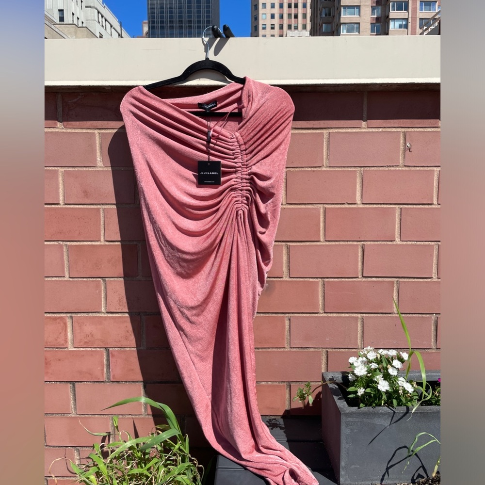 JLuxlabel Asymmetrical Rose Gold Ruched Midi Skirt - Chic & Trendy